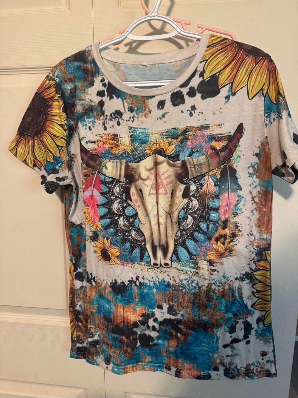 Women’s Sunflower & Bull Skull Graphic Tee - Blue, Yellow